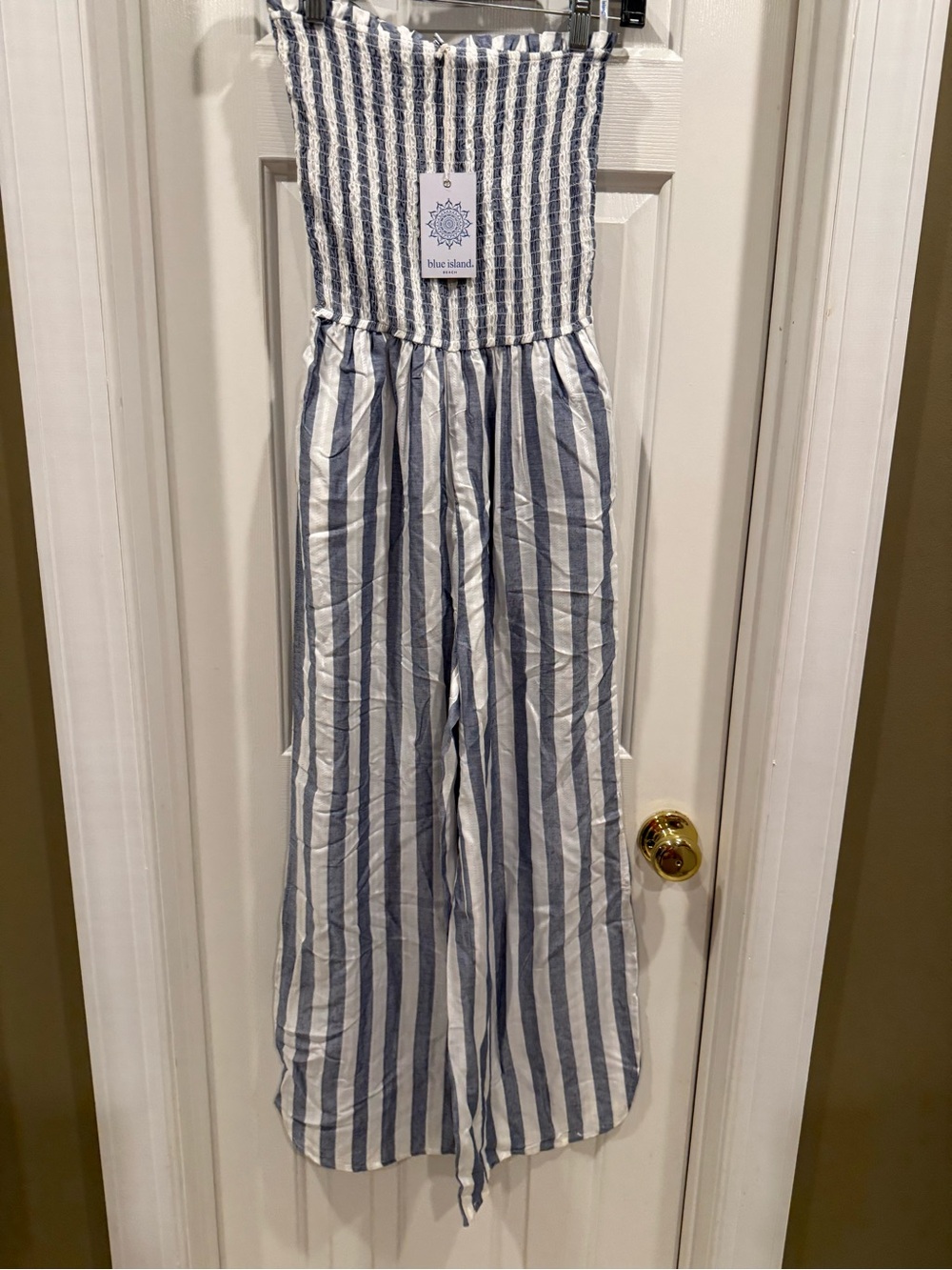blue island Blue and White Striped Smocked One-Piece